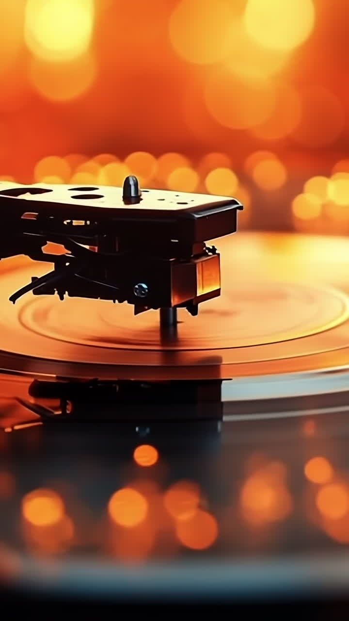 Spinning vinyl record with warm lights. A close-up of a vinyl record spinning on a turntable, illuminated by soft, warm lights creating a cozy atmosphere.