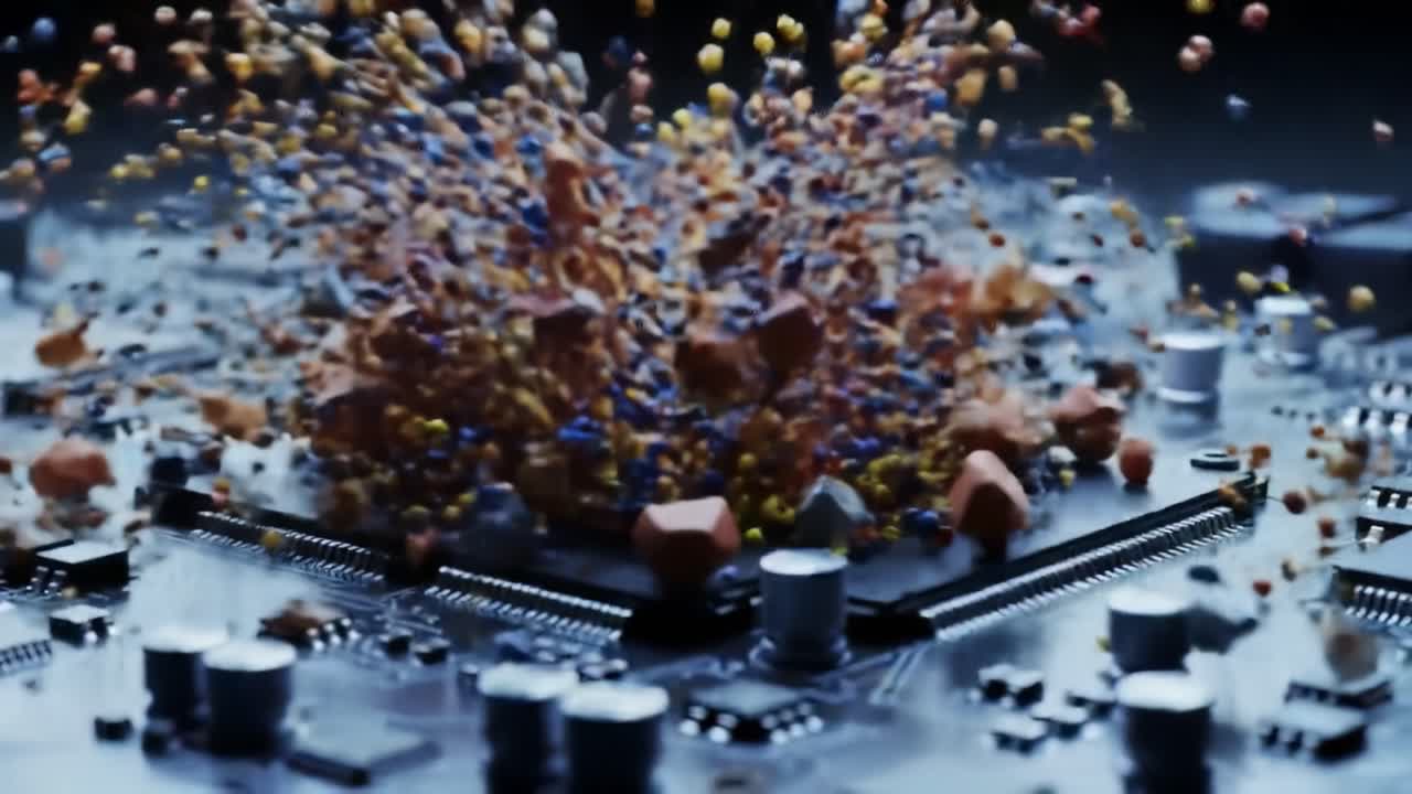 A Stunning Visual Representation of Data Explosion on a Computer Microchip, Showcasing Colorful Particles Emanating from the Circuit Board in a Vivid Display