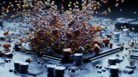 a stunning visual representation of data explosion on a computer microchip, showcasing colorful particles emanating from the circuit board in a vivid display