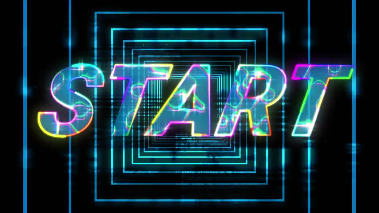 Electric effect over start text against neon blue squares in seamless motion on black background