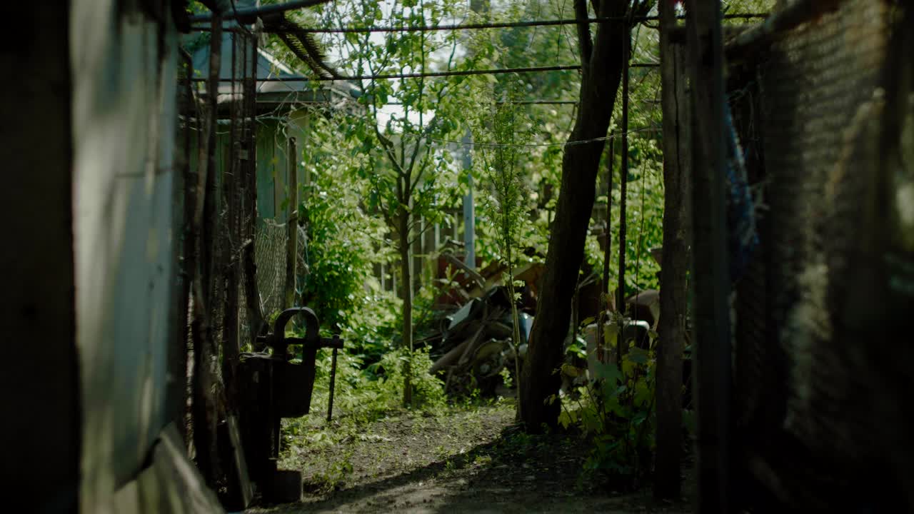 Narrow path on rural backyard with overgrown vegetation, country lifestyle