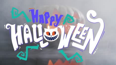 happy halloween text banner against smoke effect over pumpkin against grey background