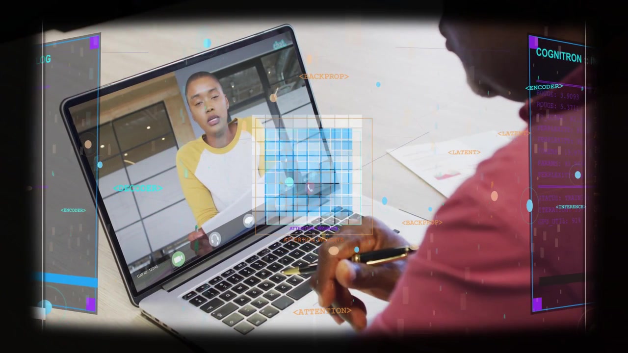 Call ringing laptop showing speaker yellow shirt gesturing; viewer writing at desk for meeting HUD