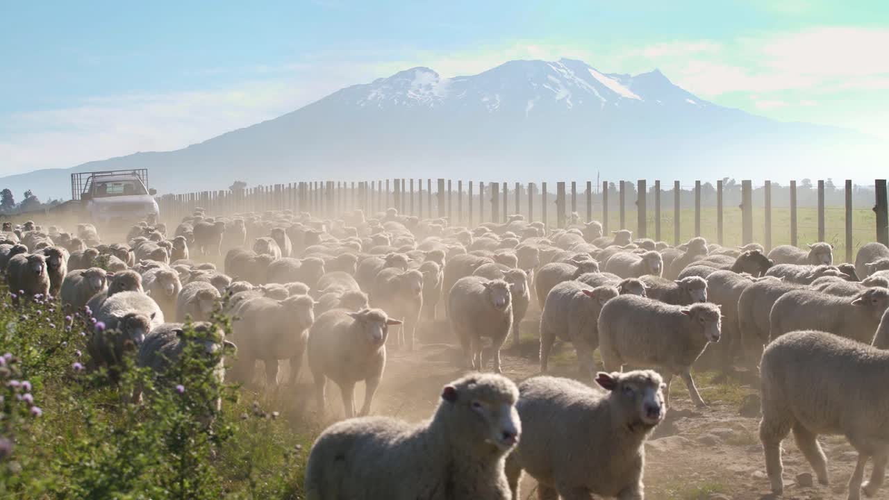 Un gregge di pecore bianche che corrono verso la fattoria in Nuova Zelanda, vicino al bellissimo Monte Ruapehu - Inquadratura ampia.