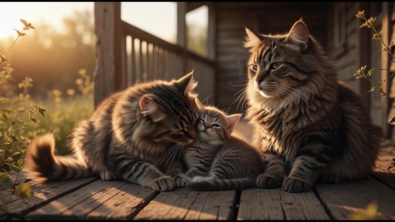 Gatta madre che accudisce il suo gattino su un portico di legno al tramonto