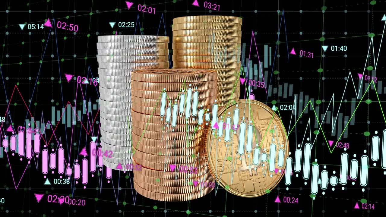 animación del procesamiento de datos financieros sobre monedas de oro