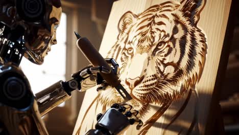a robotic artist skillfully carves a realistic tiger image into wood, showcasing precision and creativity in digital artistry and woodwork