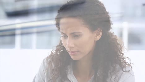 Animation-of-calculator-and-notebook-over-smiling-biracial-businesswoman-using-computer