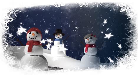 Snow-falling-and-snowmen-on-blue-background