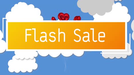 texto de venta instantánea en bandera amarilla contra un montón de globos de corazón rojo flotando en el cielo azul