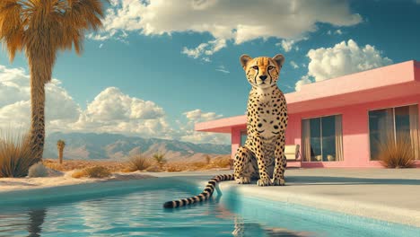 cheetah by the pool in a desert oasis