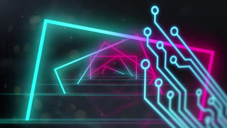animación de una placa de circuitos de computadora sobre formas de neón sobre un fondo negro