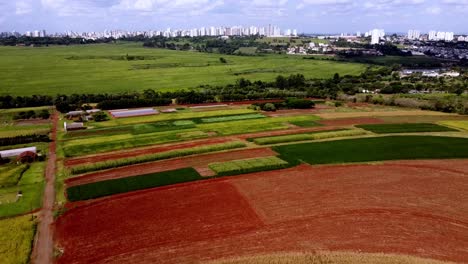 Drone-View-of-Agricultural-Land-Farm-with-City-in-distance