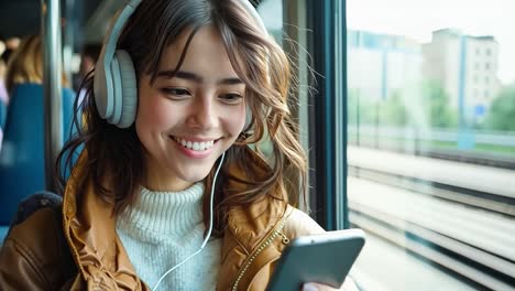 a woman wearing headphones and looking at her phone while riding a bus