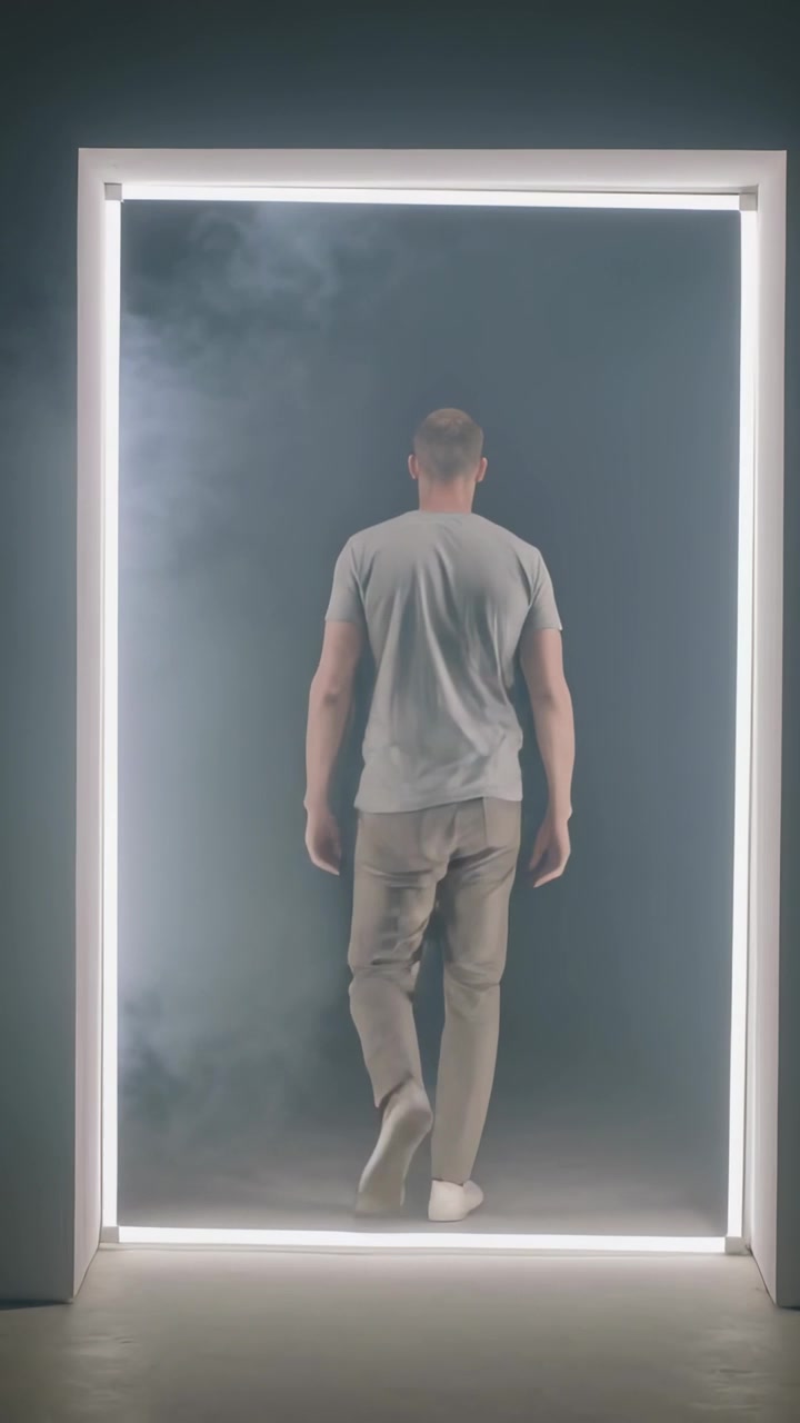 Video verticale: Uomo che cammina e reagisce a una cornice luminosa, attraversando uno studio buio, con nebbia intorno alle scarpe da ginnastica.