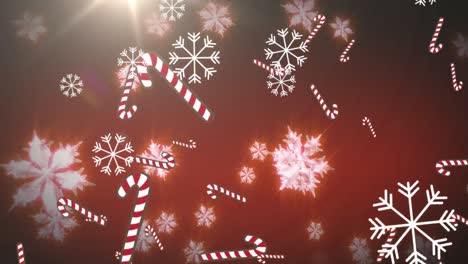 Digitale-Animation-Mehrerer-Zuckerstangensymbole-Und-Schneeflocken,-Die-Vor-Rotem-Hintergrund-Fallen