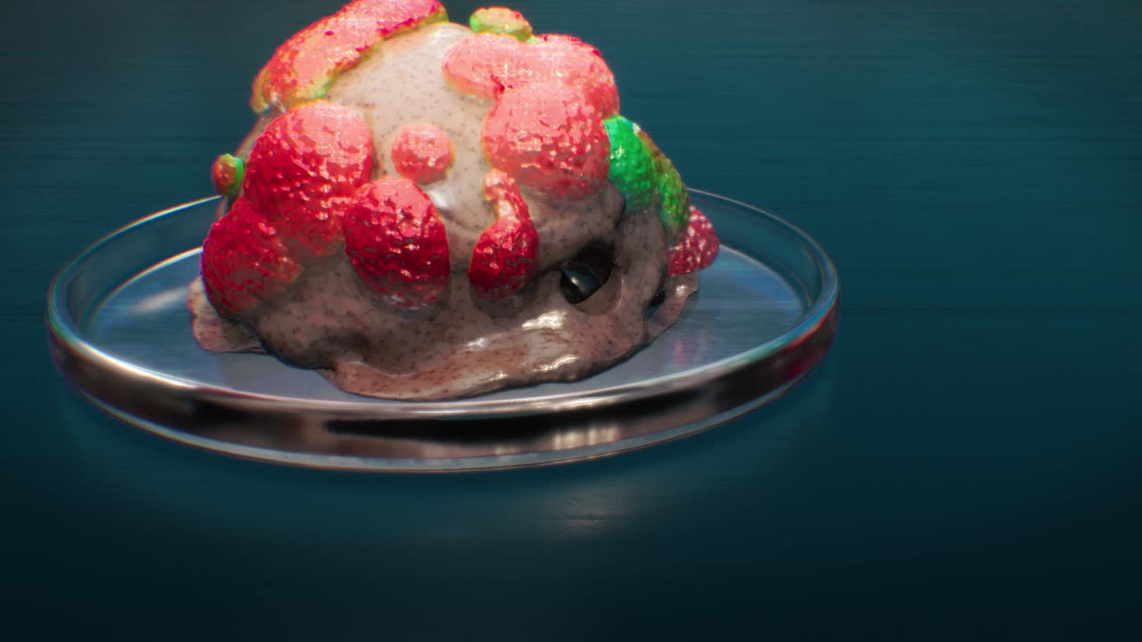 анимация органической размножающейся клетки в чашке петри заражена неизвестным типом вируса или бактерии, распространяя яркие цвета по всей поверхности