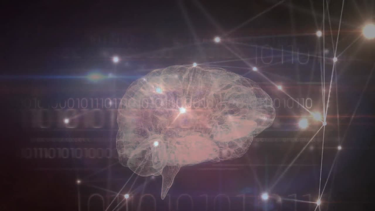 인간의 뇌를 통해 연결되는 네트워크와 파란색 배경에 대한 바이너리 코딩 데이터 처리