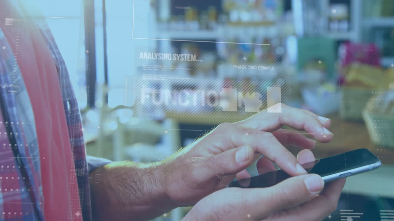 스마트폰을 사용하는 백인 남성에 대한 데이터 처리 애니메이션