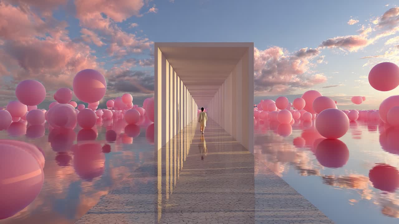A Serene Journey Through a Dreamlike Passageway Surrounded by Ethereal Pink Spheres, Reflecting the Beauty of Nature and the Calmness of Tranquil Waters under a Beautiful Sky