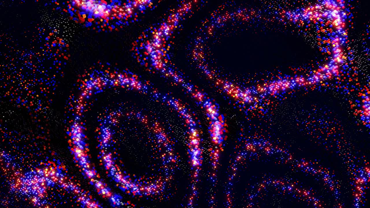 4k fondo en bucle abstracto con partículas rojas y azules brillan y forman un hermoso patrón. esferas en el espacio forman superficie, ondas de color y luz corren a lo largo de las bolas. las bolas se balancean en las olas. diseño de movimiento