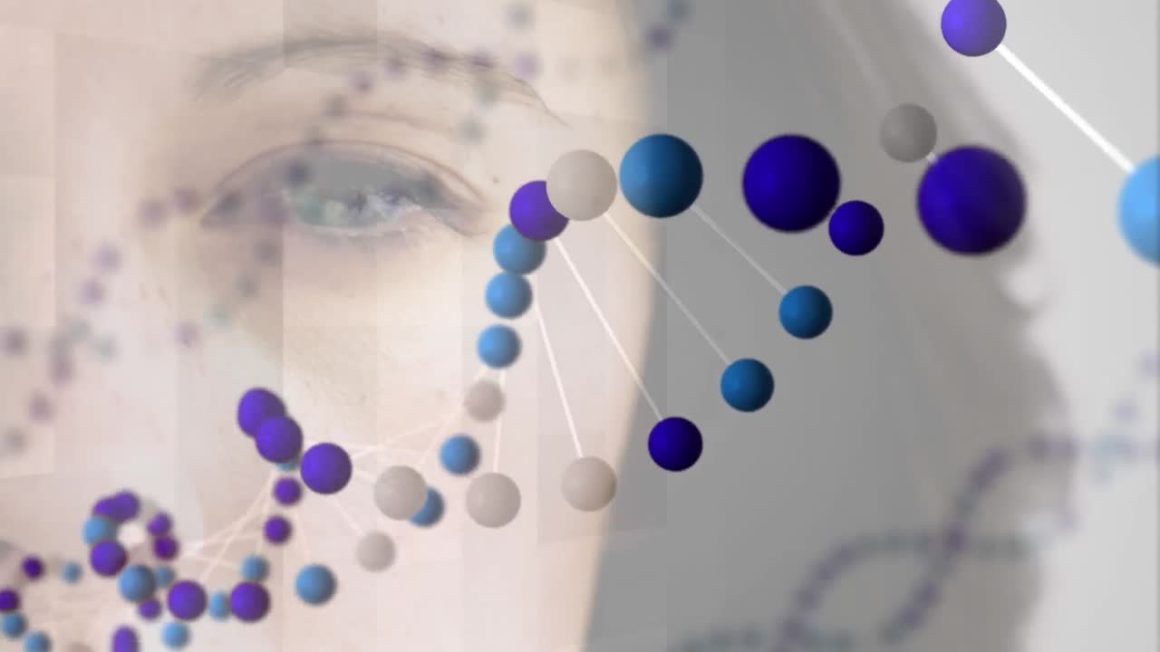 Animation of 3d dna strands spinning over woman's face