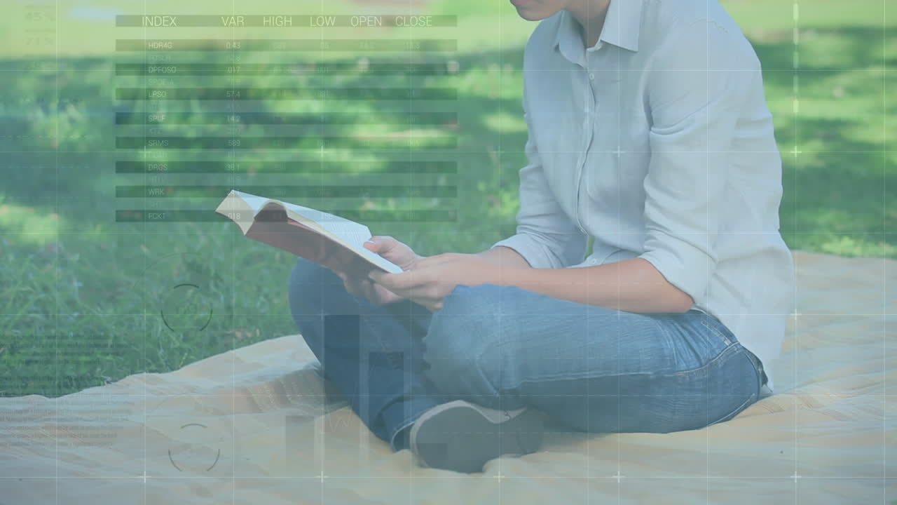 Financial data processing against woman reading