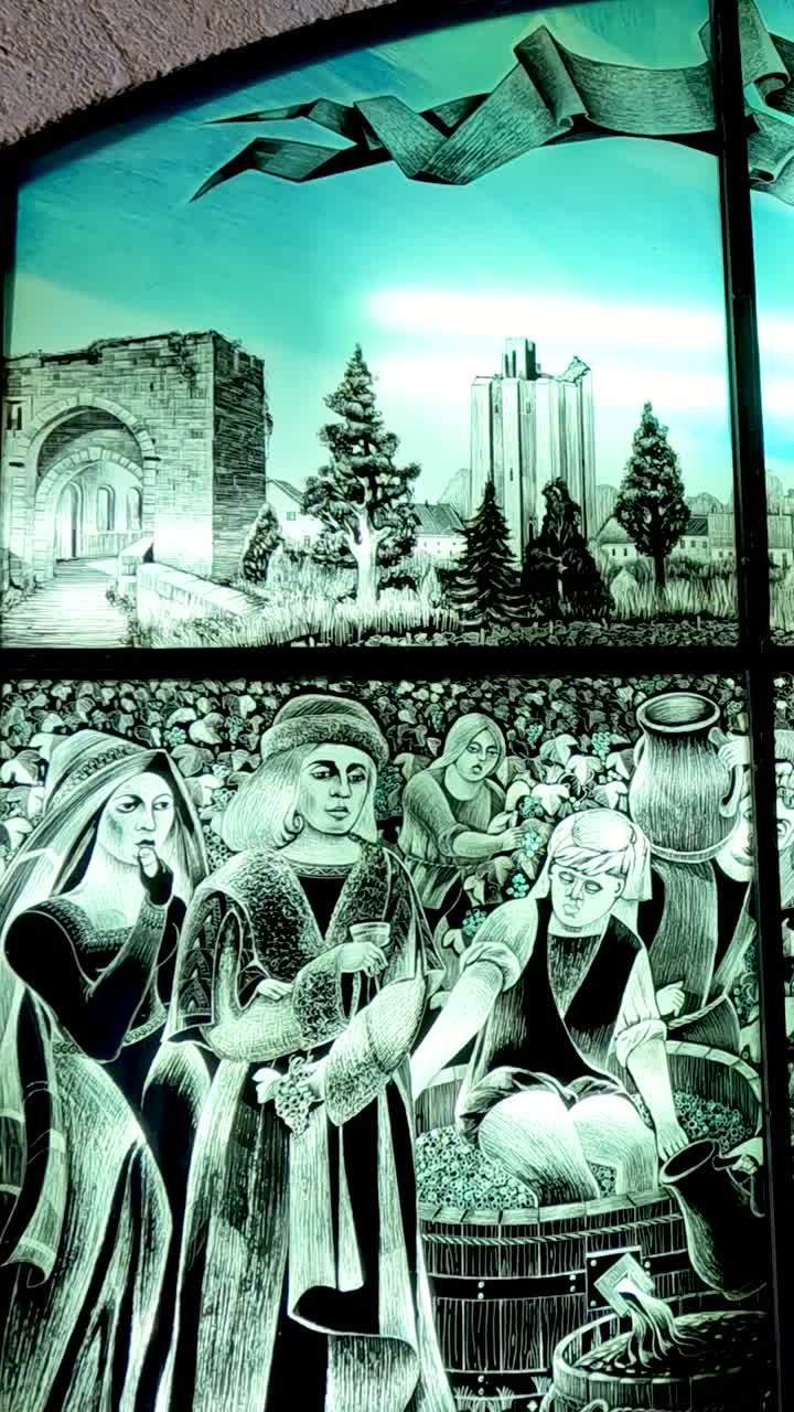 역사적인 장면을 묘사하는 복잡한 스테인드 글래스