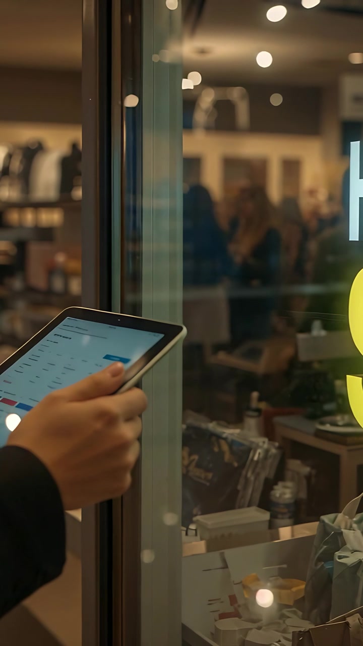 Vertical video: Tapping thumb, dark-sleeved hands checking tablet at glass storefront, copy space
