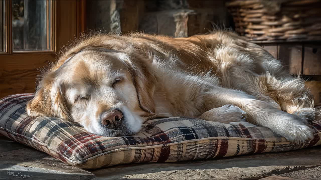 A Peaceful Golden Retriever Enjoying a Sunny Afternoon Nap on a Cozy Cushion in a Warm, Rustic Living Space