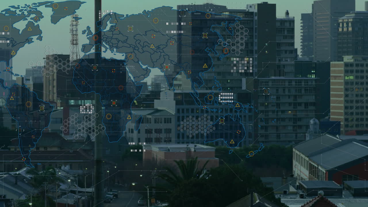 World map with data points animation over urban cityscape at dusk