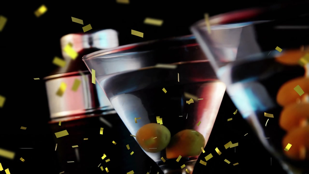 Martini glasses with olives and confetti falling animation
