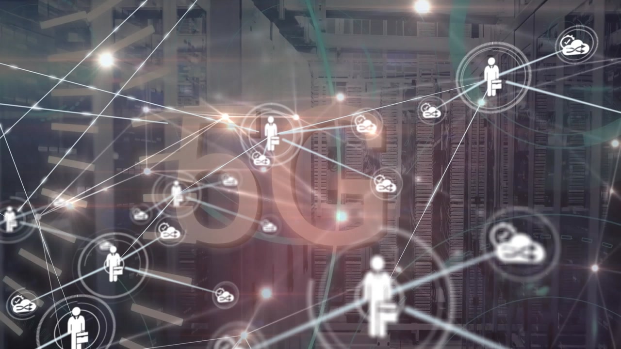 Animation of network of connections with icons and data processing over server room