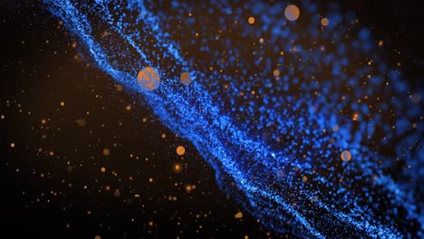 animation of yellow spots floating over blue glowing digital wave against black background