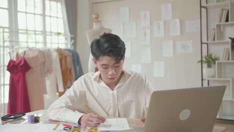 young asian male designer working on laptop and sketching at desk in studio