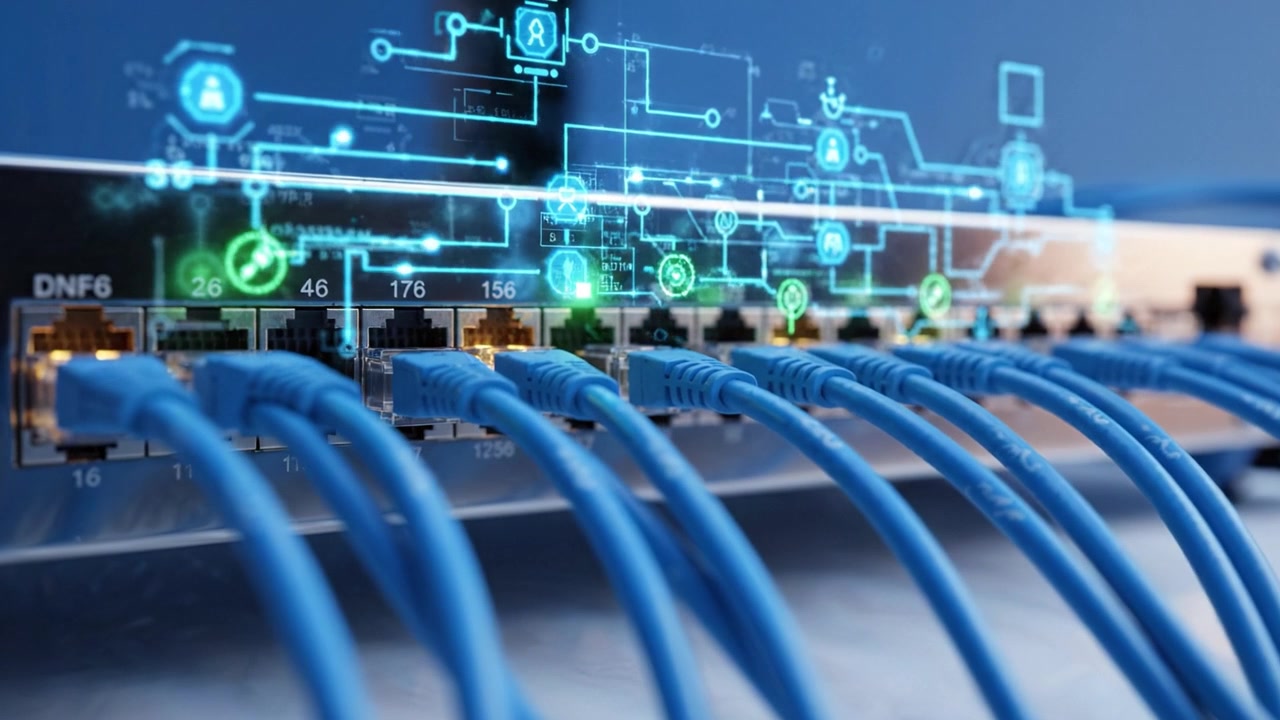 Exploring Network Connectivity: Blue Ethernet Cables Connected to a Switch with Active Data Flow Visualization in a Modern Server Room Environment