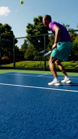 Close-up of a person holding a red textured ball on a blue tennis court with another player in the background