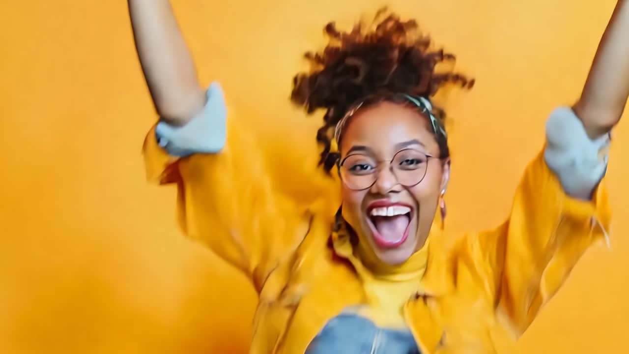 A woman in a yellow jacket with her arms up in the air