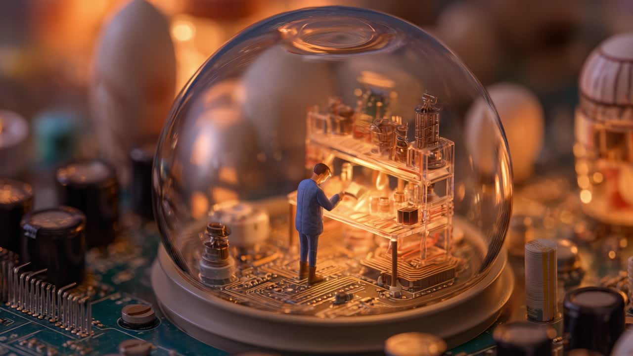 A miniature figure inside a glass dome stands amidst an intricate, illuminated laboratory setting filled with gadgets and technology, highlighting the fusion of creativity and innovation in a captivating world of miniature designs