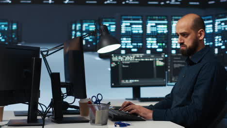 manager overseeing server room, running code on computer