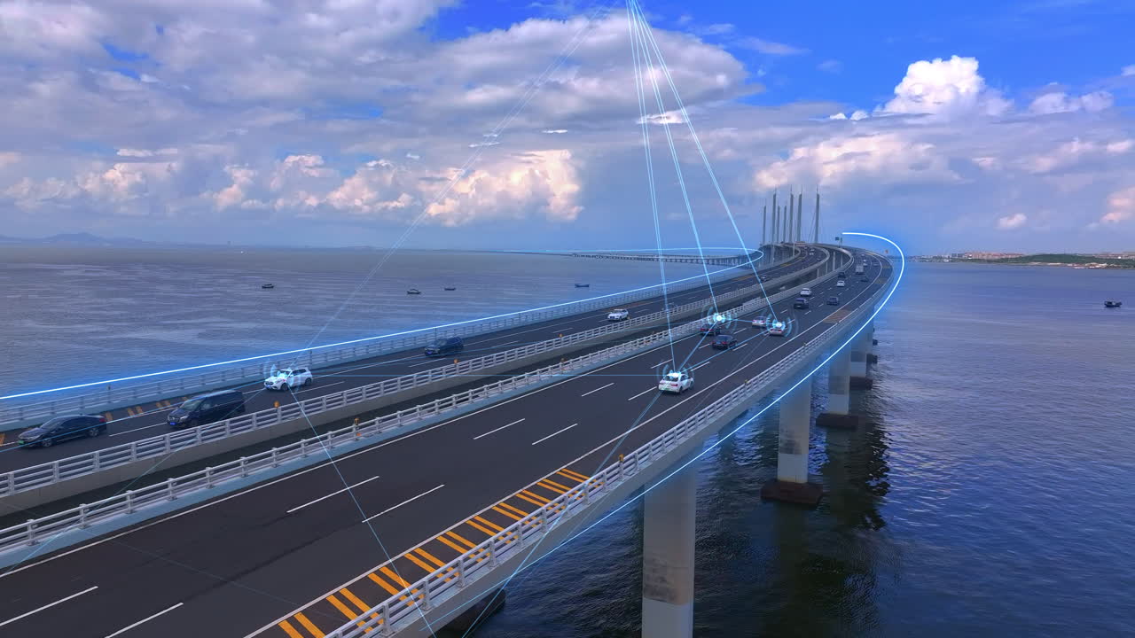 기술 셔틀로 가득 찬 파란 이 다리를 가로질러, 기술적 감각으로 가득 찬 바다 다리, 지능적인 교통 과학과 기술?