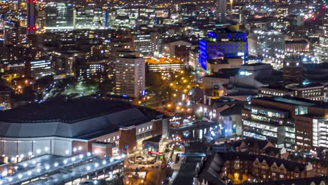 aerial hyperlapse of birmingham city centre at night