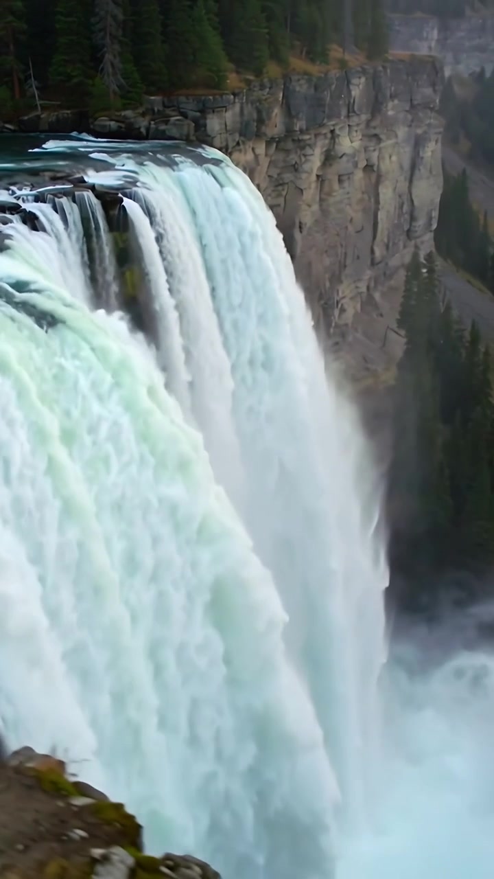 Video verticale: Acqua del fiume che si accumula e si riversa oltre il bordo, una grande cascata che si getta in un canyon nebbioso.