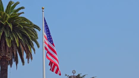 camera pulling back to reveal american flag and palm tree blowing in the wind blue sky