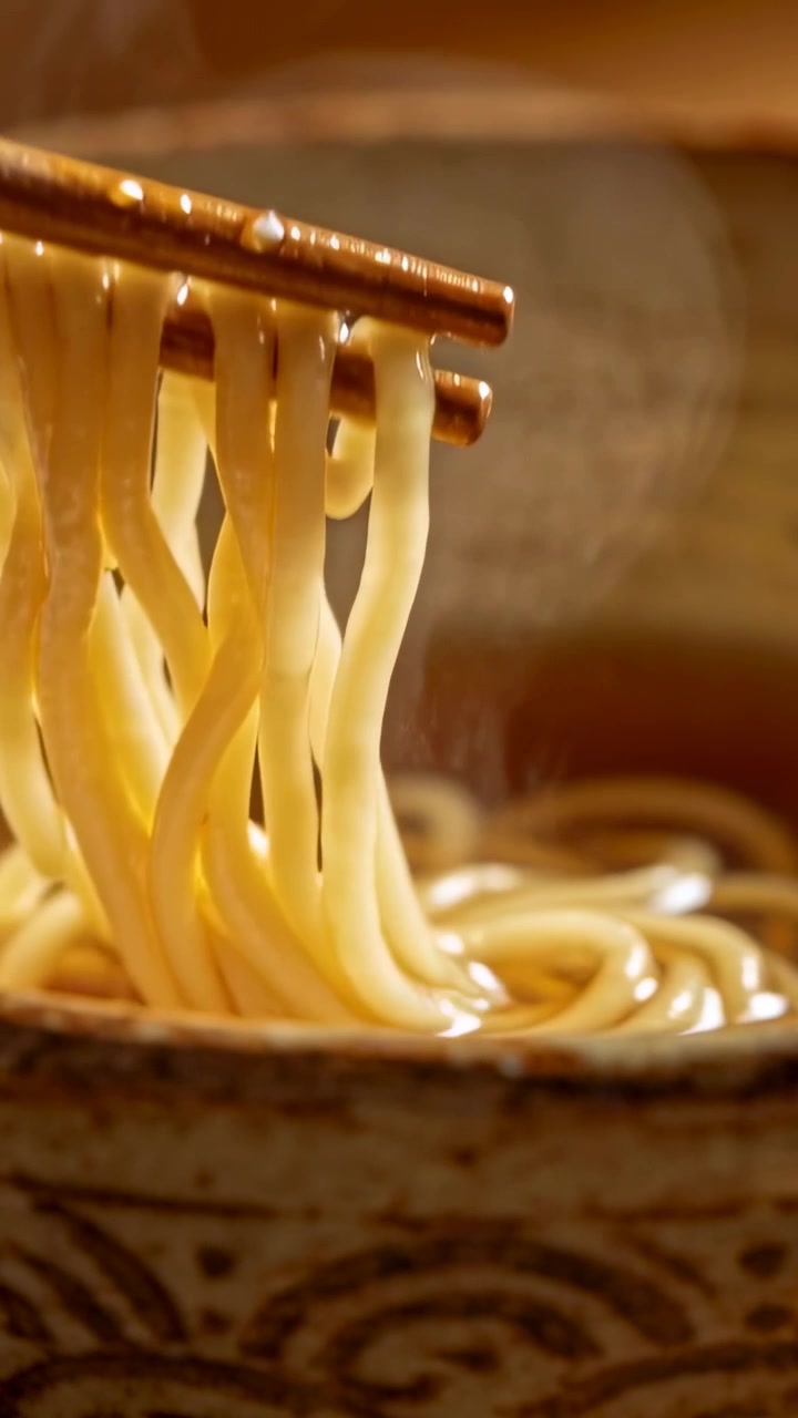 Video verticale: Bacchette di legno che afferrano i noodles, sollevando i fili da una ciotola decorata sul tavolo.