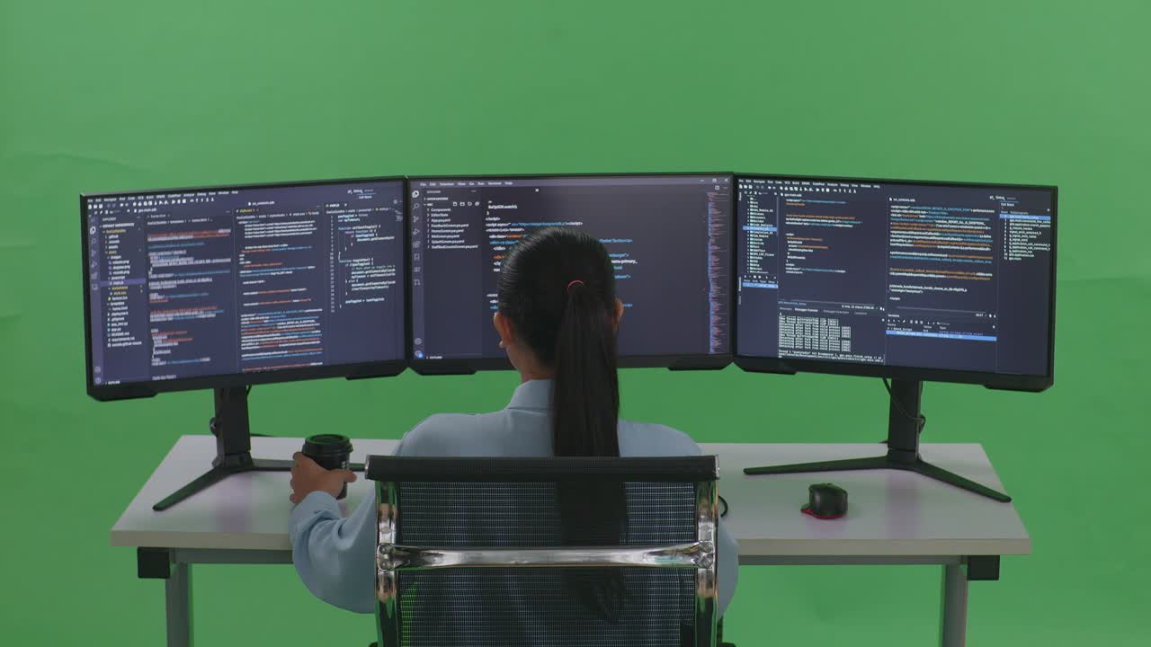 vista trasera de una desarrolladora asiática bebiendo café y usando una computadora para escribir código con múltiples pantallas en un estudio de pantalla verde