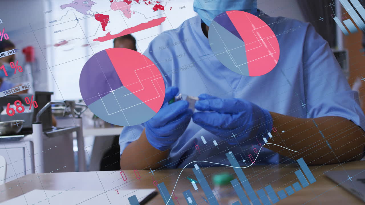 female nurse preparing injection vial at clinic, with animated pie charts and world map overlays