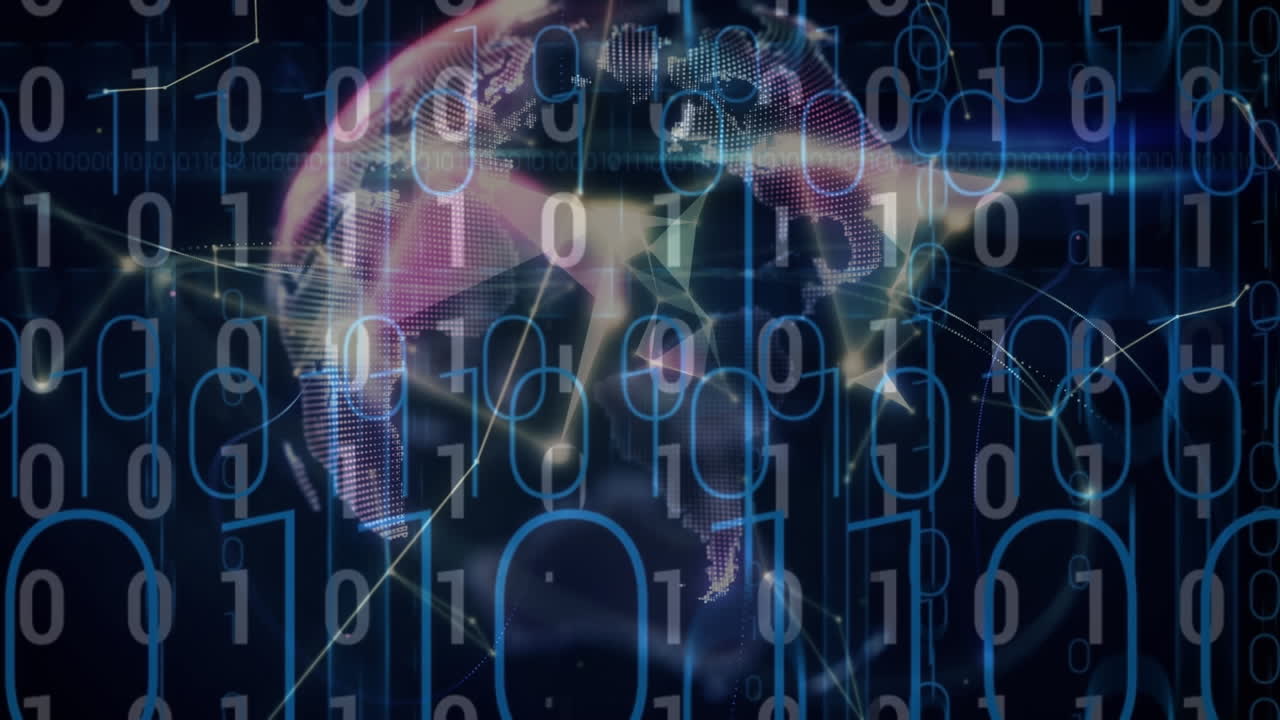 Animation of globe with network of connections over binary coding