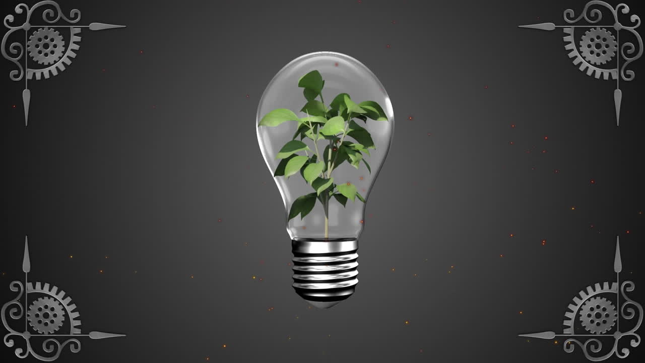 animación de muestreo de plantas dentro de una bombilla eléctrica contra el patrón de diseño en fondo gris