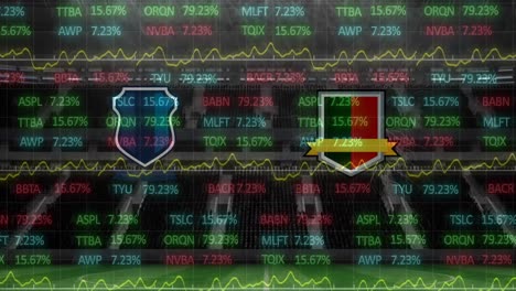 animación de los emblemas de los equipos con procesamiento de datos sobre el estadio deportivo
